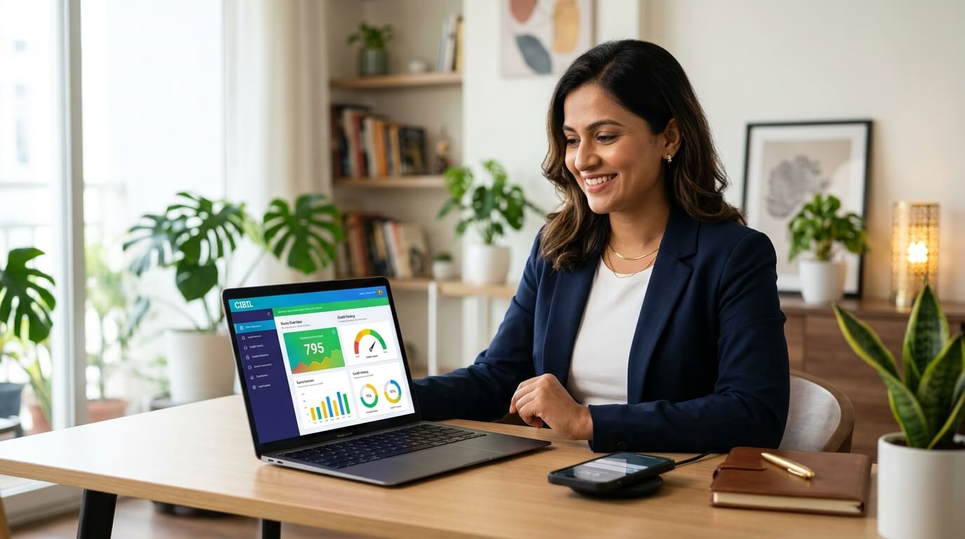 South Asian professional checking CIBIL score on laptop with credit report dashboard displayed