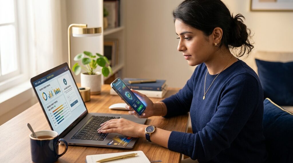 Professional accessing CIBIL website on smartphone with laptop showing credit monitoring interface