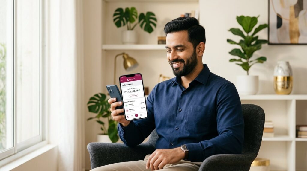South Asian professional using mobile banking app to manage zero balance savings account at home