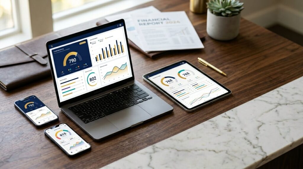 Multiple devices displaying different credit monitoring platforms side by side on modern desk
