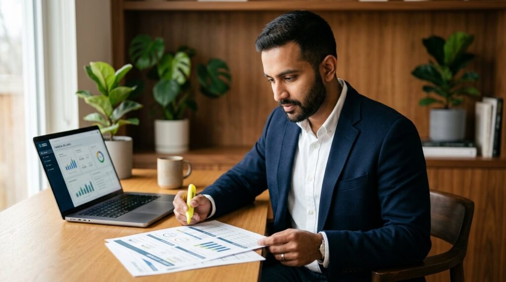 South Asian professional reviewing printed credit report with highlighted sections and laptop nearby