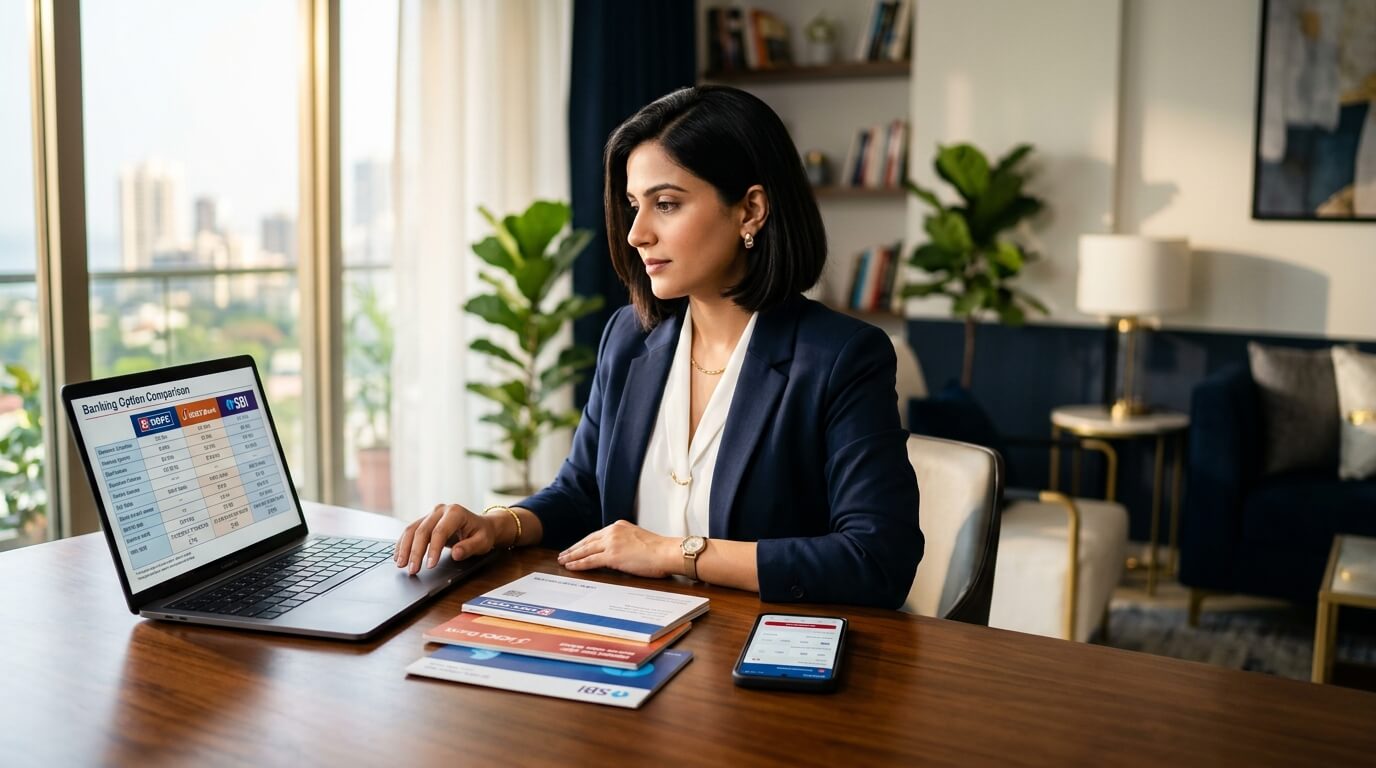 Modern Indian professional comparing zero balance savings accounts with high interest rates on laptop